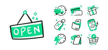 10 Online Shopping Ecommerce Icon Illustration in Hand Drawn Design Style set vector
