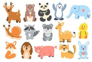 Collection of flat illustration with forest animals on white background. Cute children's illustrations on white background vector