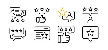 5 stars positive review. Rate icons set. Feedback icon collection. Concept of best ranking. Customer review. Good result. Star, envelope, smiling emoji, like thumb up and speech bubble. vector