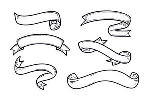 Black line vintage ribbon banner set. Hand drawn line art. vector
