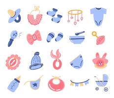 Newborn baby items set with cartoon elements in flat design vector
