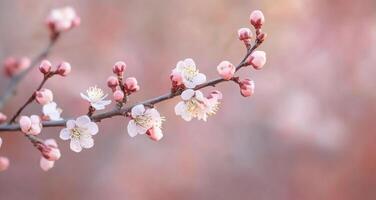Cherry blossom branch with delicate pink flowers in springtime garden photo