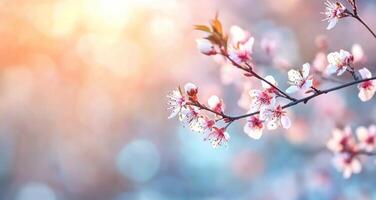 Cherry blossom branch with delicate pink flowers in springtime garden photo
