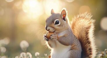 Squirrel eating nuts in a park during autumn with colorful blurred background photo
