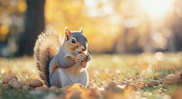 Squirrel eating nuts in a park during autumn with colorful blurred background photo
