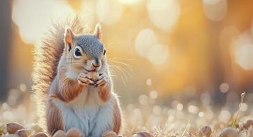Squirrel eating nuts in a park during autumn with colorful blurred background photo