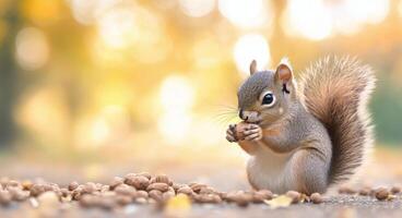 Squirrel eating nuts in a park during autumn with colorful blurred background photo