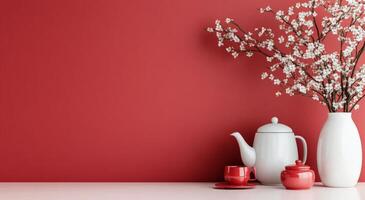 Floral arrangement, teapot, and cup arranged on a table with a red backdrop photo
