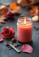 Soft candlelight with scattered rose petals and vintage keys during twilight hours photo