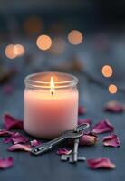 Soft candlelight with scattered rose petals and vintage keys during twilight hours photo