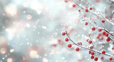 Winter berries covered in snow with soft light and falling snowflakes in a serene setting photo