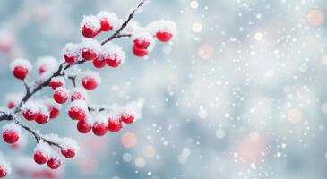 Winter berries covered in snow with soft light and falling snowflakes in a serene setting photo