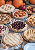 Assorted pies and pumpkins displayed on a table during a fall harvest festival photo