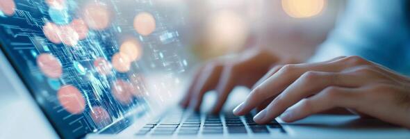 Person typing on a laptop while data visuals appear in a modern workspace photo
