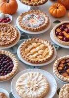 Assorted pies and pumpkins displayed on a table during a fall harvest festival photo