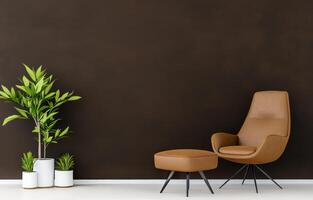 Cozy modern lounge corner with brown walls, a chair, and potted plants photo