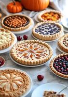 Assorted pies and pumpkins displayed on a table during a fall harvest festival photo
