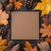 Blank canvas surrounded by colorful autumn leaves on a textured surface photo