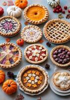Assorted pies and pumpkins displayed on a table during a fall harvest festival photo
