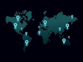 Illustration of a world map with marked location pins. World map hologram with locations vector