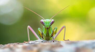 Green mantis perched on leaf in soft morning light photo