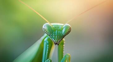 Green mantis perched on leaf in soft morning light photo