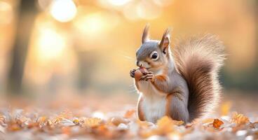 Squirrel gathering acorns in a colorful autumn park photo