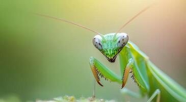 Green mantis perched on leaf in soft morning light photo
