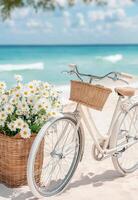 Three bicycles parked on a sandy beach under a leafy tree on a sunny day photo