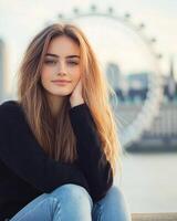 Young woman posing near the London Eye on a sunny day with soft city backdrop photo