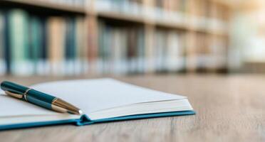 Open notebook and pen on wooden table in quiet library setting photo