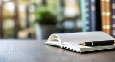 Open notebook and pen on wooden table in quiet library setting photo