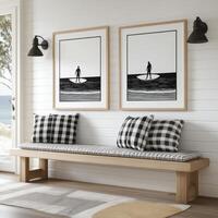 Modern beach house interior with benches, cushions, and coastal wall art photo