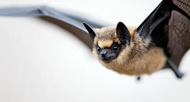 A close-up of a small bat with distinctive fur and extended wings on a white backdrop photo