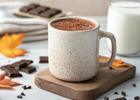 Cozy warm drink with chocolate and autumn leaves on a wooden table photo
