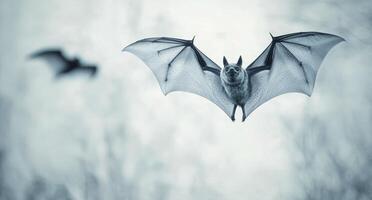 A close-up of a small bat with distinctive fur and extended wings on a white backdrop photo
