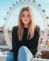 Young woman posing near the London Eye on a sunny day with soft city backdrop photo