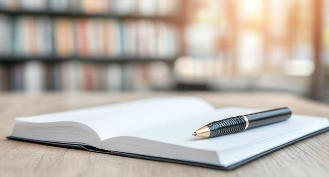 Open notebook and pen on wooden table in quiet library setting photo