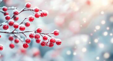 Winter berries covered in snow with soft light and falling snowflakes in a serene setting photo