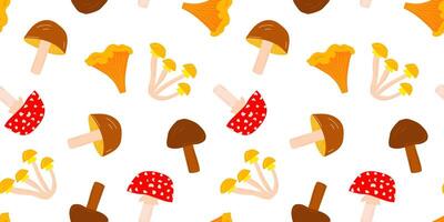 Seamless Pattern with Different Mushrooms on a White Background for Textile, Fabric, Wrapping Paper vector