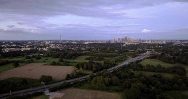 Hyperlapse of frankfurt skyline in evening light taken with drone video