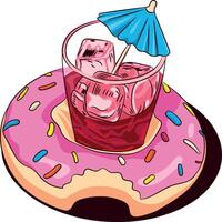 donut with refreshing drink and umbrella in creative pop art style illustration vector