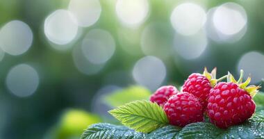 Ripe raspberry on green leaf in a lush garden during a sunny afternoon photo