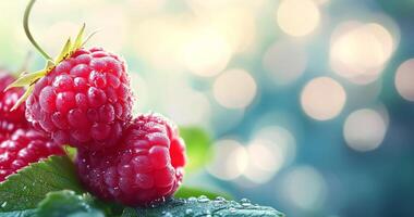 Fresh raspberries with dew drops on leaves against a blurred background photo
