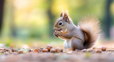 Squirrel gathering acorns in a sunlit forest during autumn photo