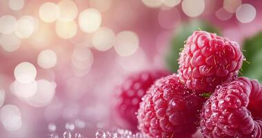 Fresh raspberries with dew drops on leaves against a blurred background photo