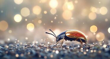 A colorful beetle crawls along the shimmering ground in soft evening light photo