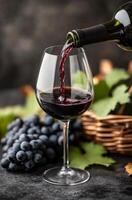 Pouring red wine into a glass beside fresh grapes and autumn leaves photo