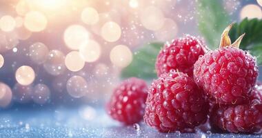 Fresh raspberries with dew drops on leaves against a blurred background photo