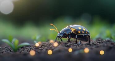 A colorful beetle crawls along the shimmering ground in soft evening light photo